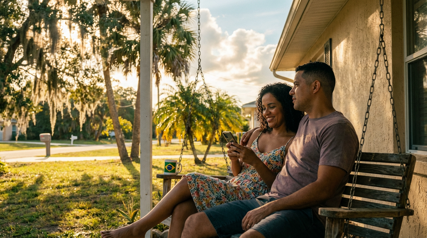 Casal brasileiro na varanda de uma casa na Flórida